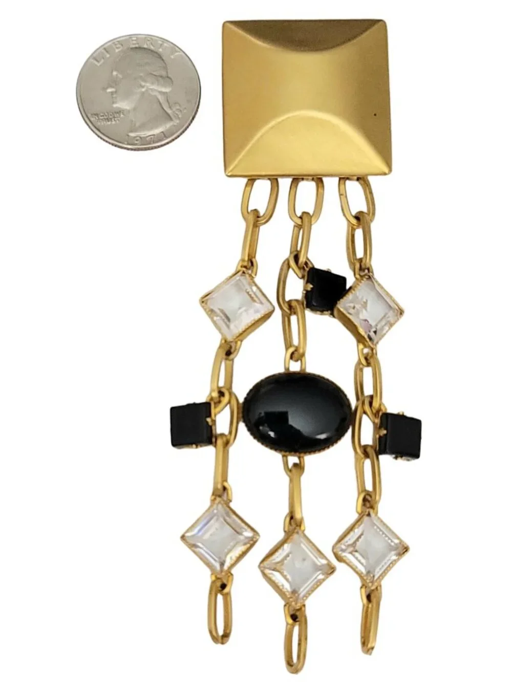Gold Tone Square Bar With Clear, Black Rhinestone, Chain Dangles Brooch